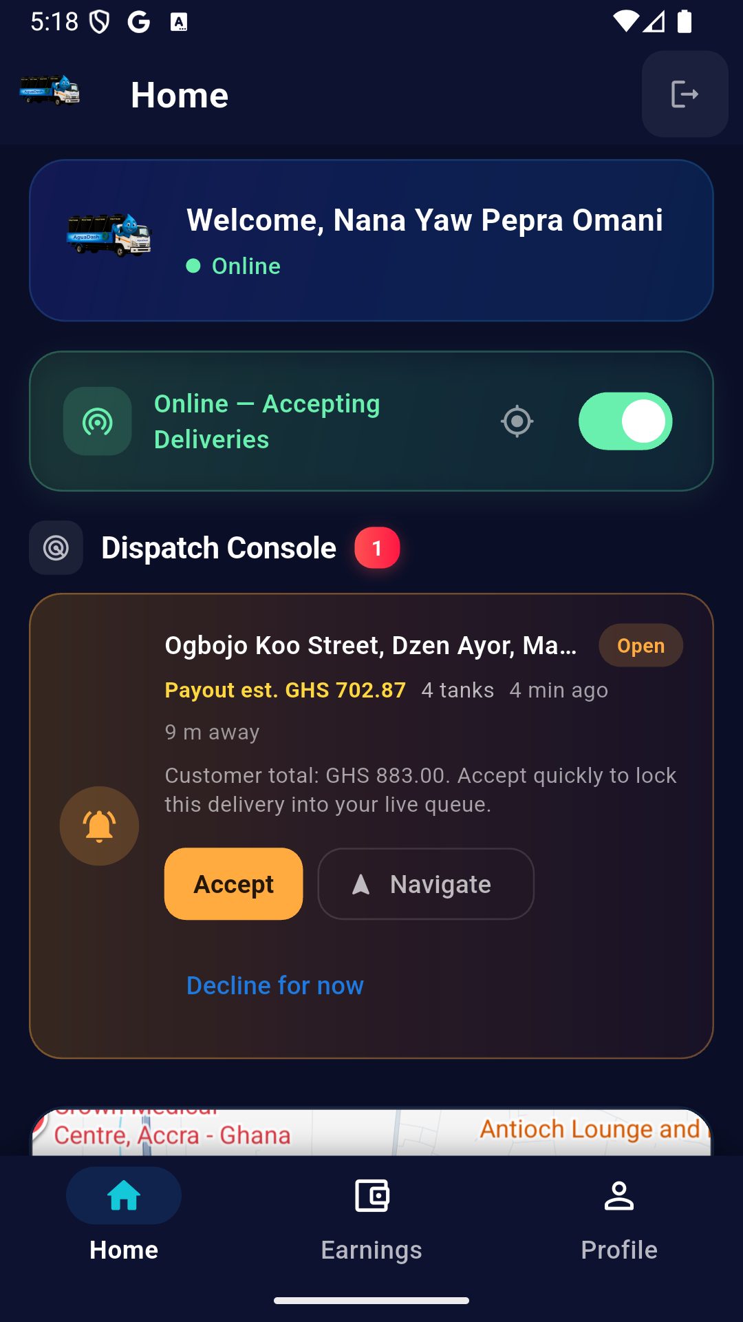 AguaDash driver home showing the Dispatch Console with a nearby delivery ready to accept